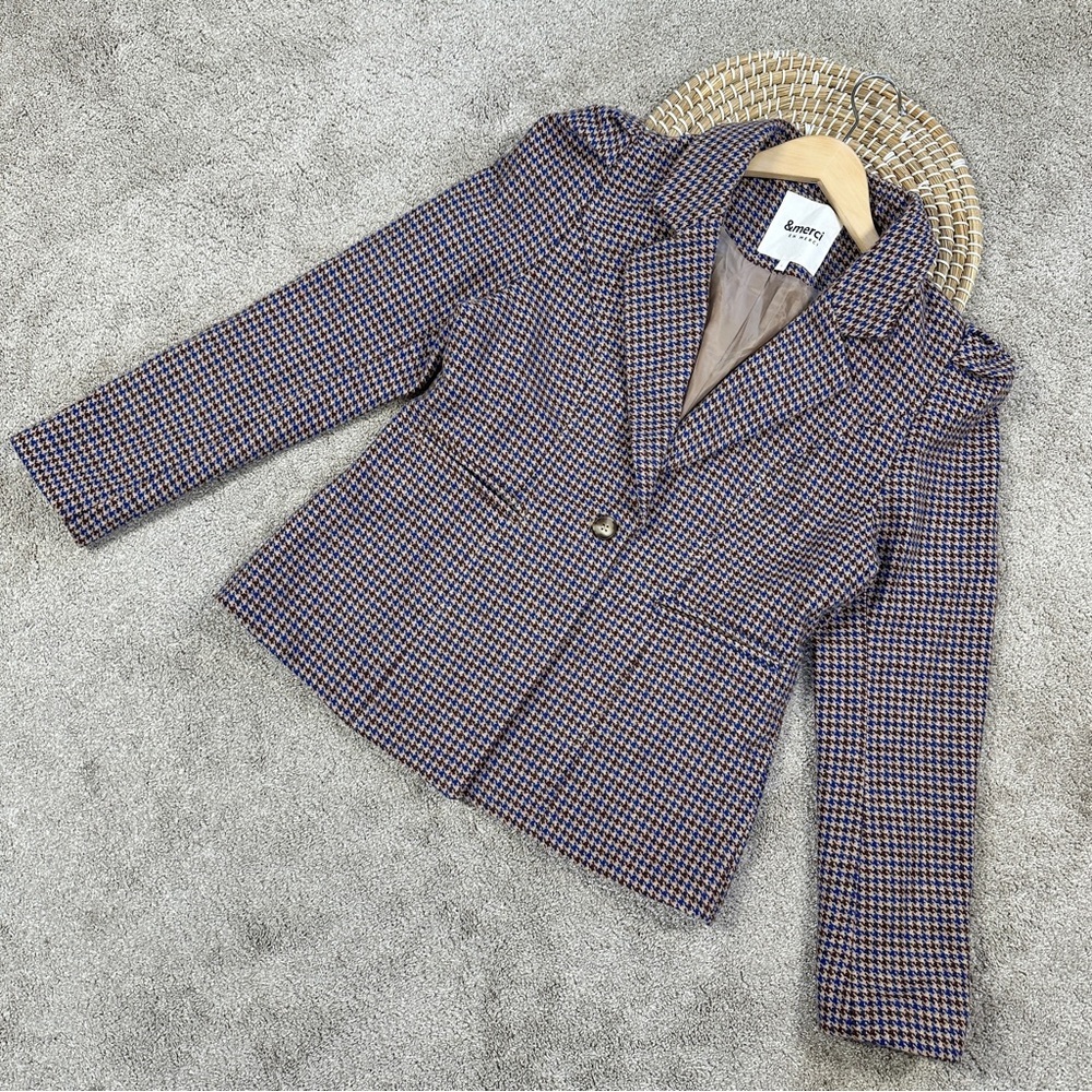 &merci Women’s Sloan Houndstooth Blazer Puff Sleeve Classic in Brown Size L - Picture 4 of 16